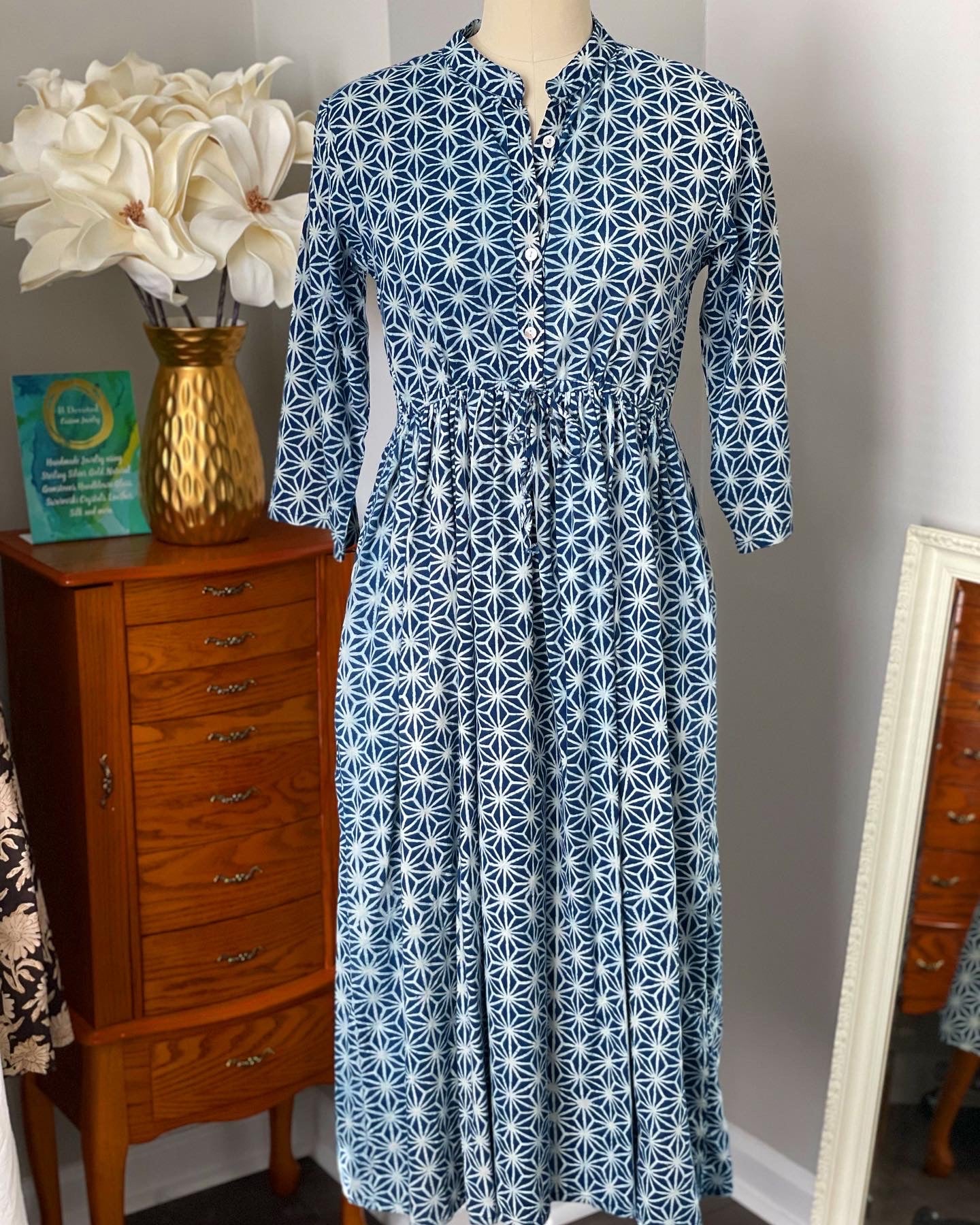 Sandy Cinch Waist Dress in Indigo Patterns