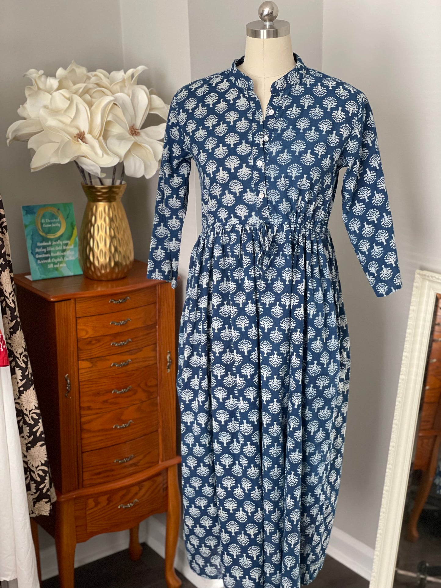 Sandy Cinch Waist Dress in Indigo Patterns