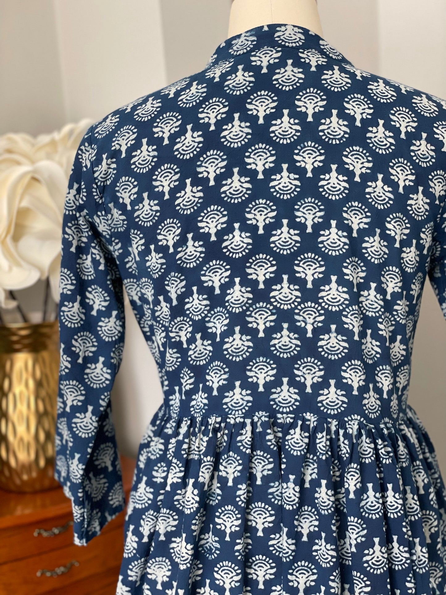 Sandy Cinch Waist Dress in Indigo Patterns