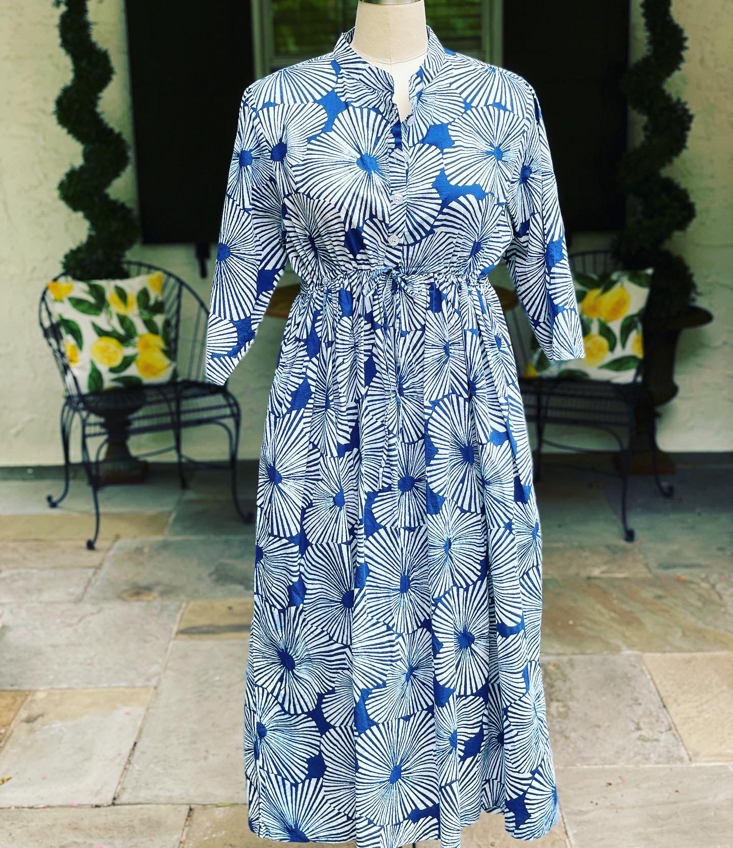 Sandy Cinch Waist Dress in Indigo Patterns