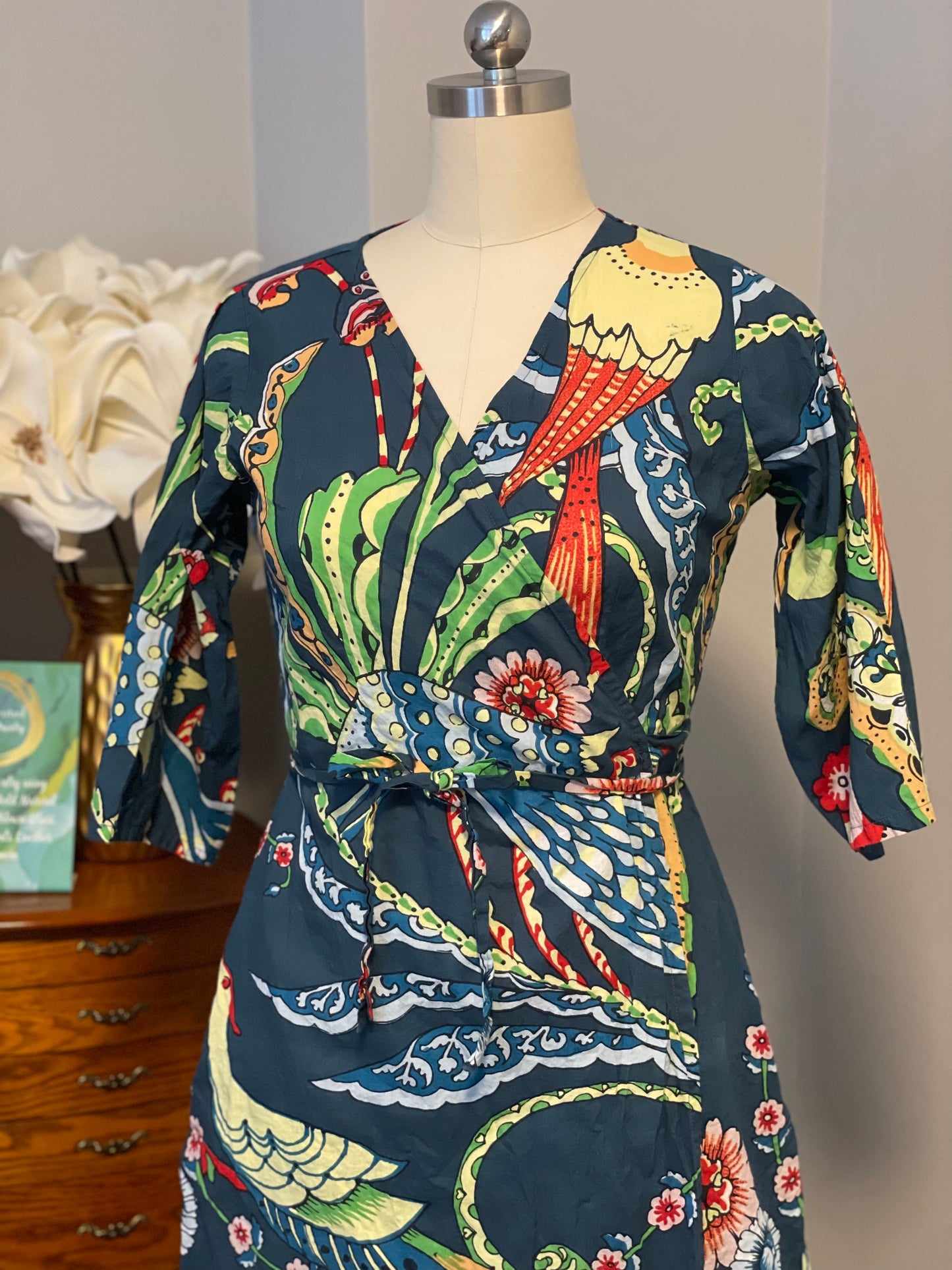 Robin Wrap Dress in Bird Motif