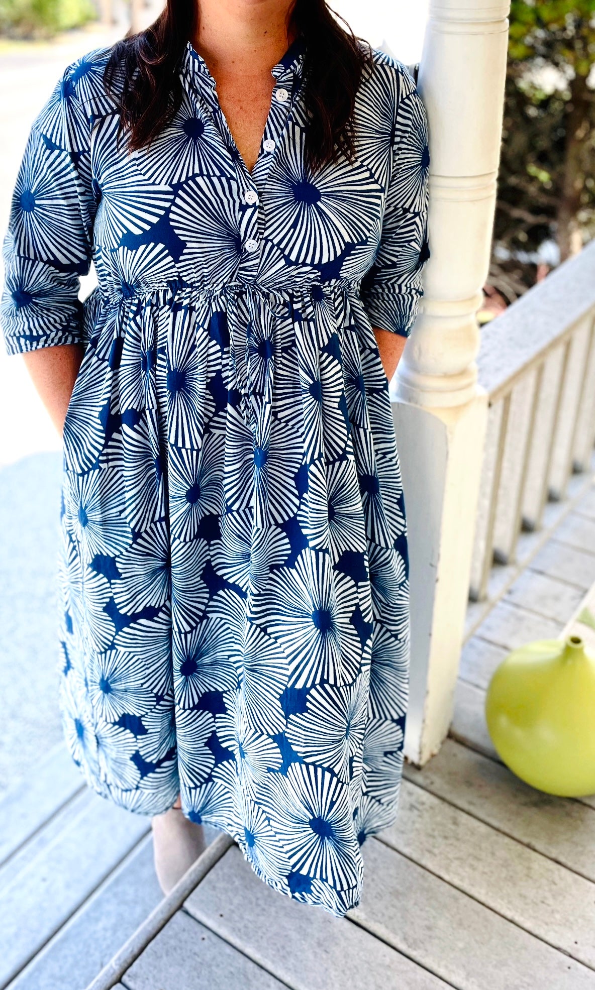 Sandy Cinch Waist Dress in Indigo Patterns