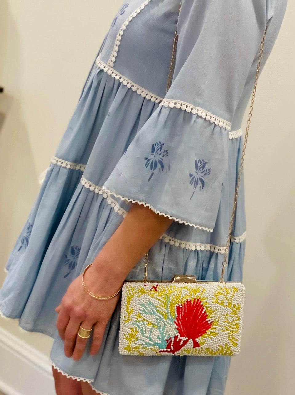 Beaded Coral Clutch with Crossbody Chain