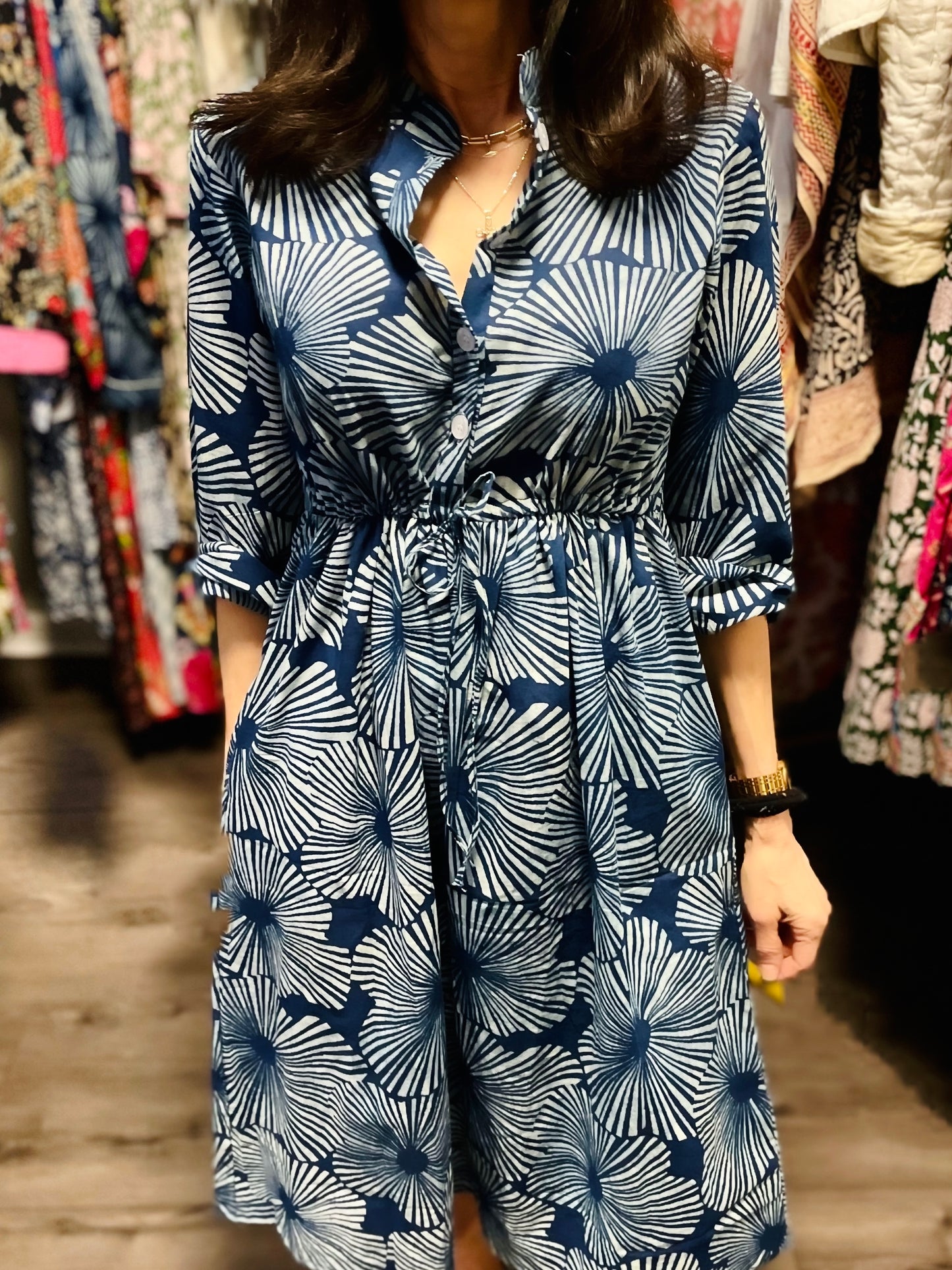 Sandy Cinch Waist Dress in Indigo Patterns