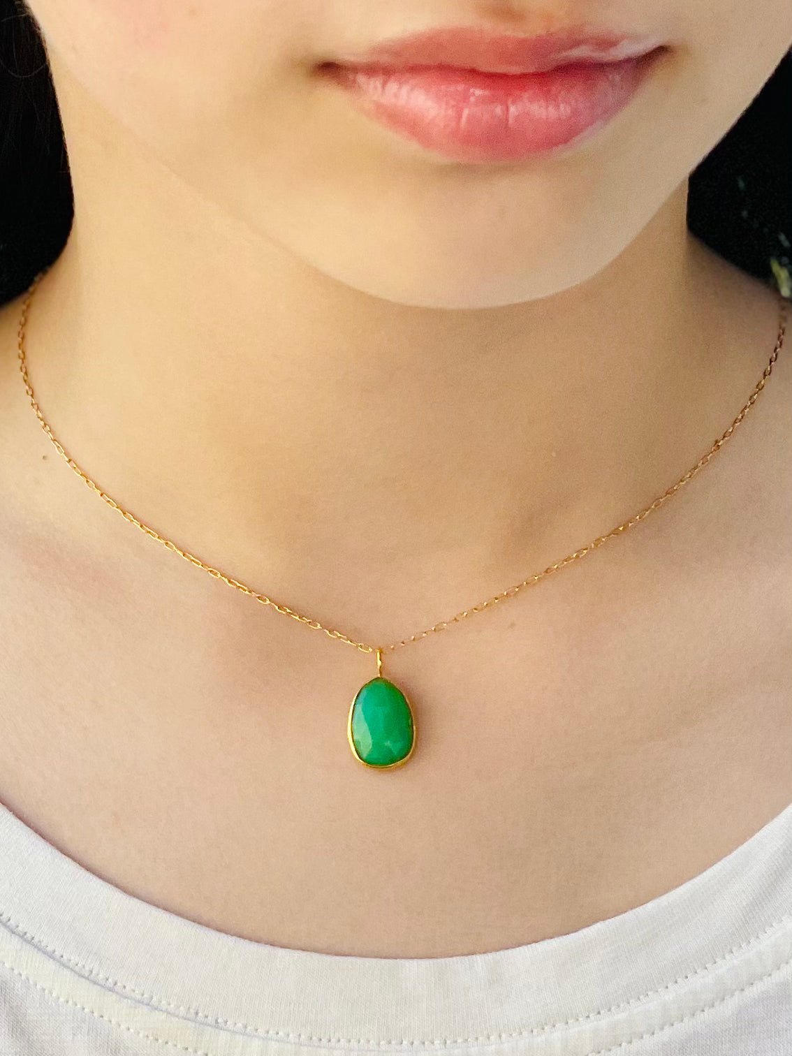 Chrysoprase Gemstone Pendant set in 14K Gold on Delicate Gold Filled Necklace