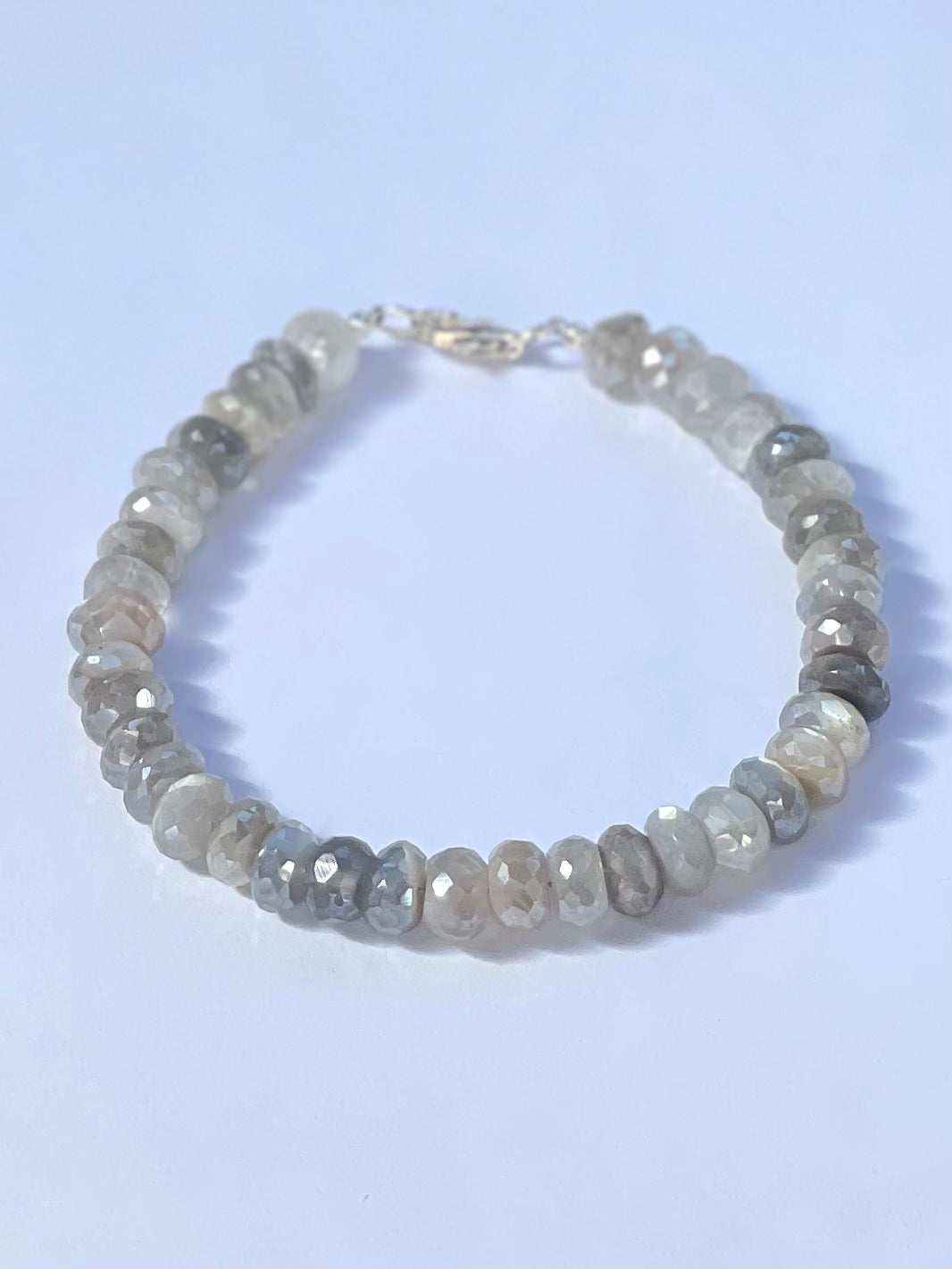 Cool Tone Mystic Moonstone Gemstone Beaded Bracelet with Sterling Silver Clasp