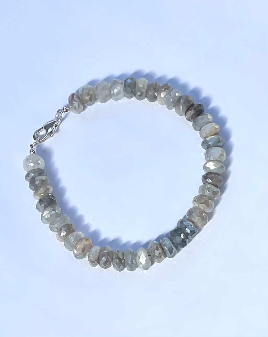 Cool Tone Mystic Moonstone Gemstone Beaded Bracelet with Sterling Silver Clasp