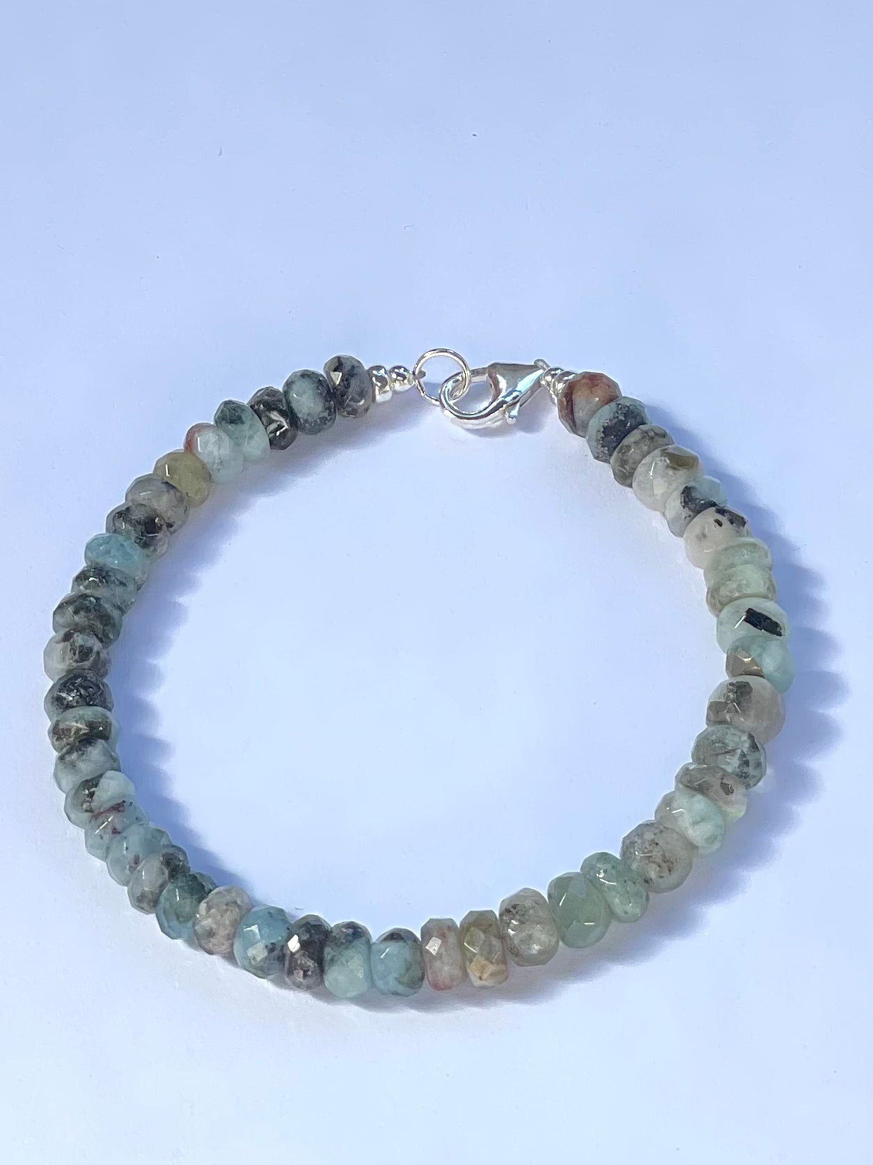 Aqua Marine Gemstone Beaded Bracelet with Sterling Silver Clasp