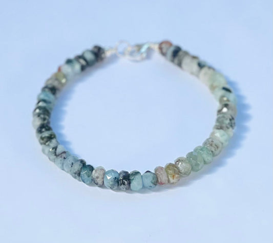 Aqua Marine Gemstone Beaded Bracelet with Sterling Silver Clasp